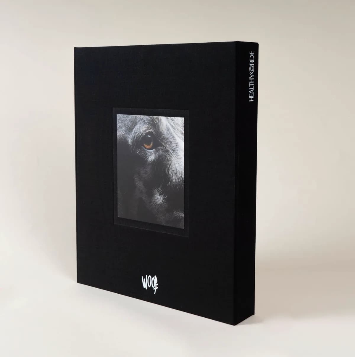 La caja de lino negro de WOOF de pie, con la mirada de un perro al frente y HealthyCorde en el lomo